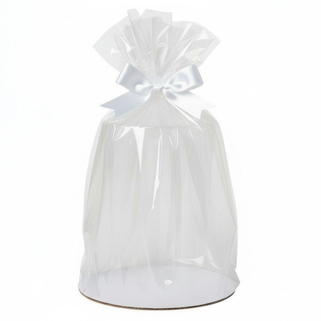 Прозрачная упаковка с донышком, бантом и биркой