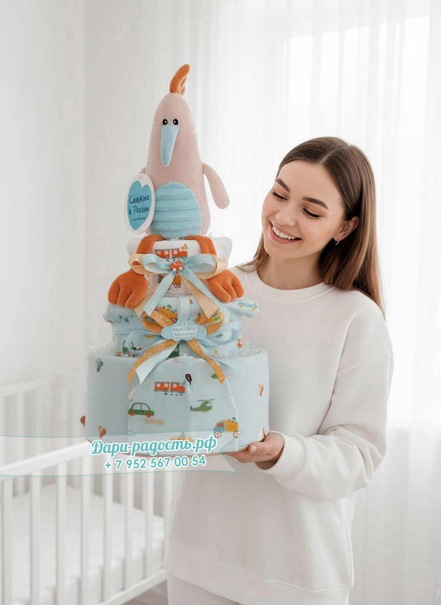 Большой торт из памперсов "Птенчик и машинки"