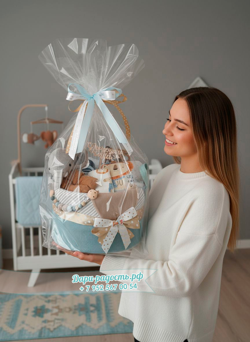 Подарочная корзина на рождение мальчика "Слон и Лев" 12 предметов + 1 подарок