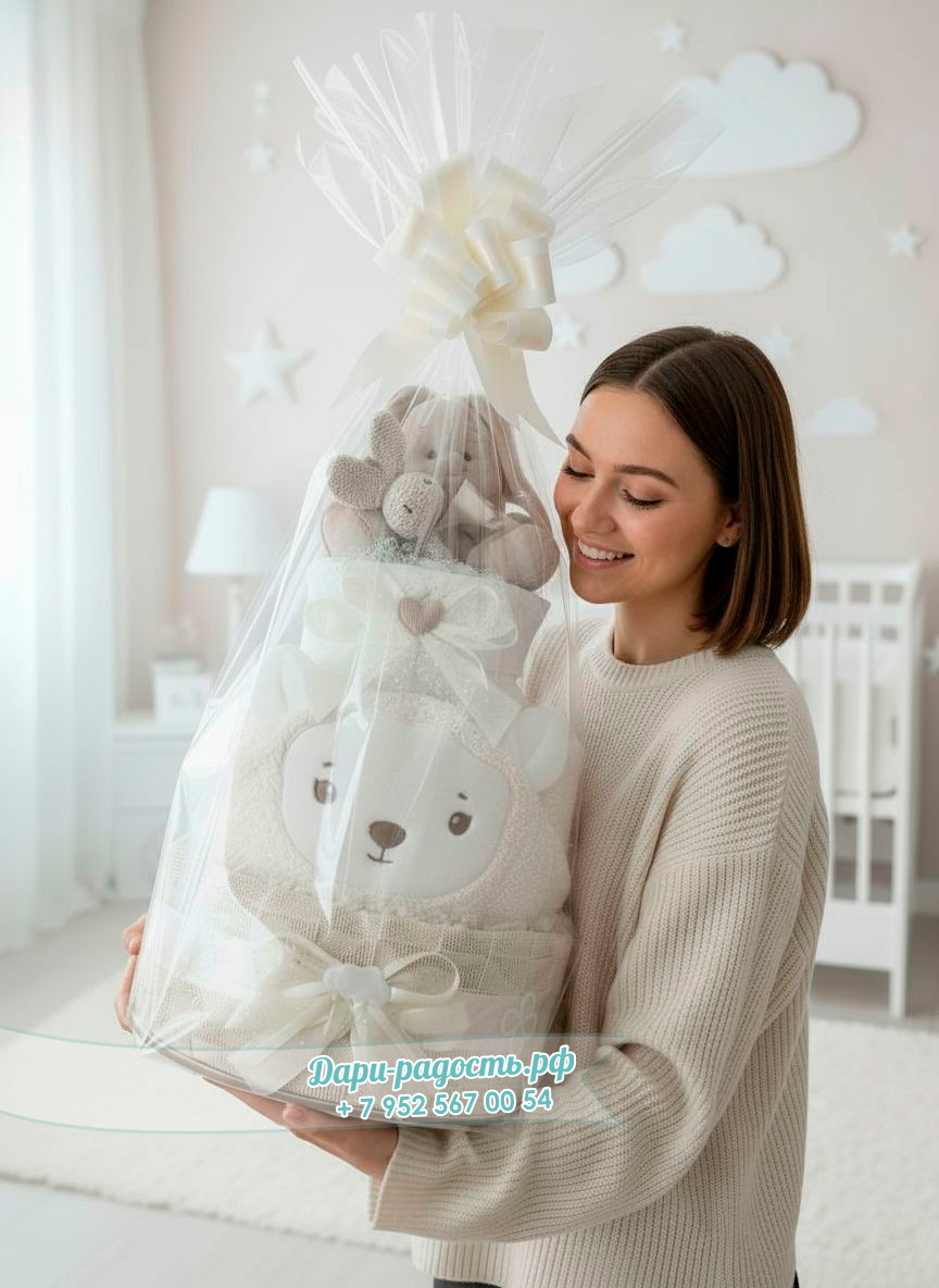 Большой торт из подгузников с детскими вещами и игрушками "Овечка"