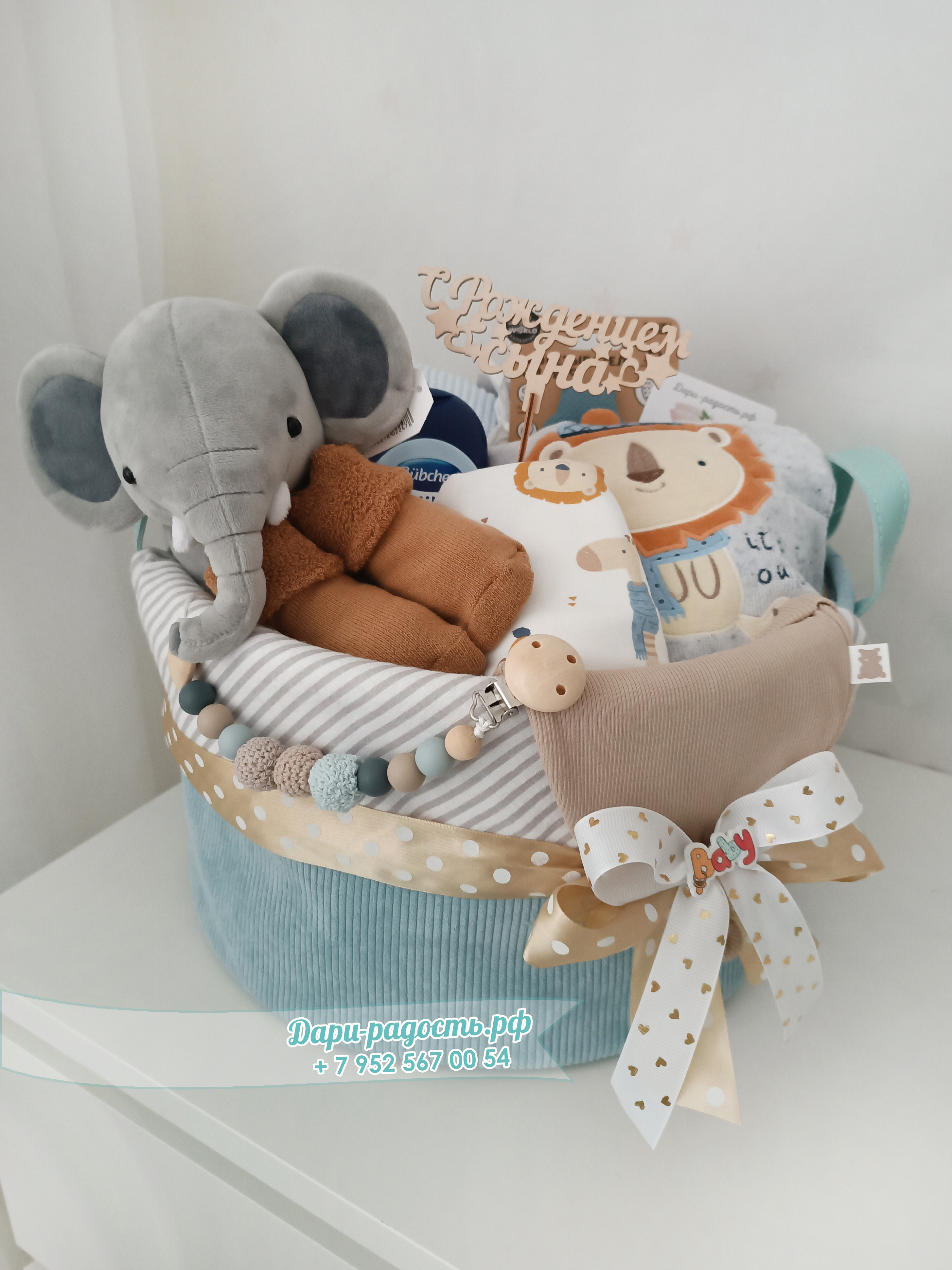 Подарочная корзина на рождение мальчика "Цирк" 12 предметов + 1 подарок
