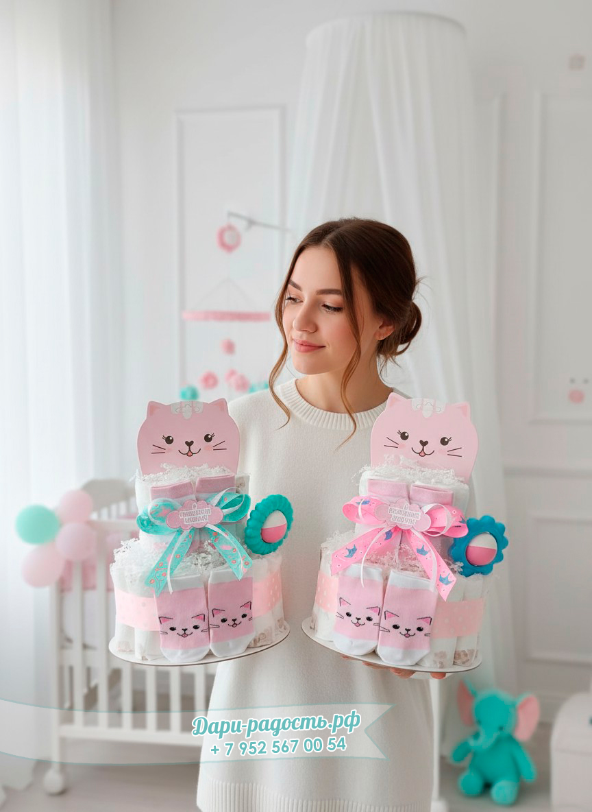 Тортик из подгузников для девочки "Кошка Улыбка"