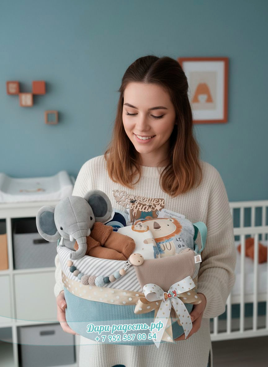 Подарочная корзина на рождение мальчика "Цирк" 12 предметов + 1 подарок